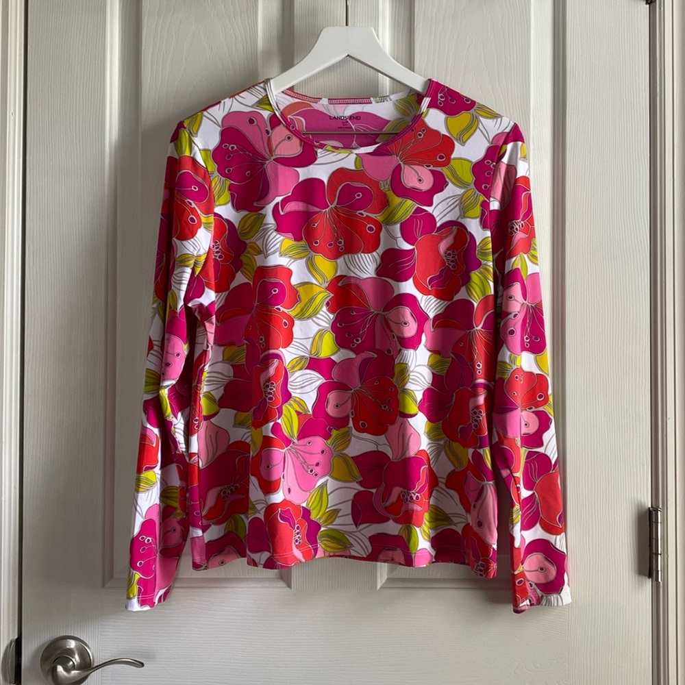 Lands’ End Multicolored Floral Print 50 SPF Rashguard/Athletic Wear Top Size LP